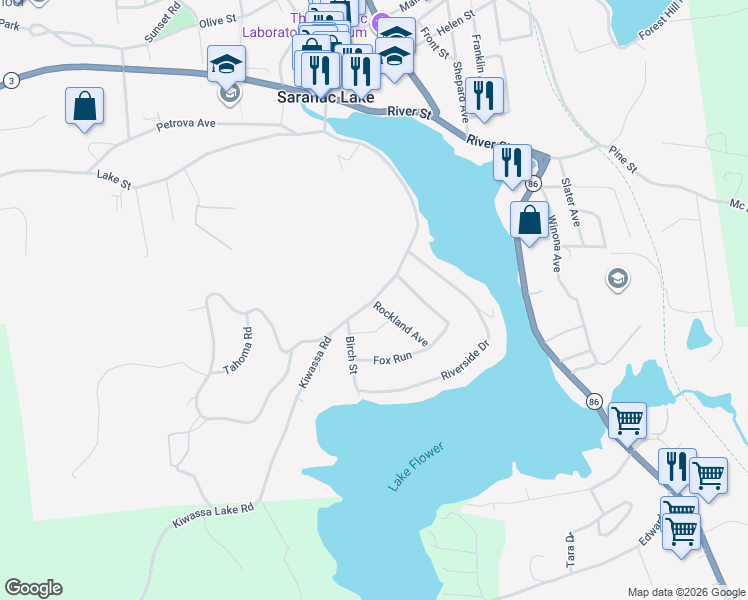 map of restaurants, bars, coffee shops, grocery stores, and more near 23 Kiwassa Rd in Saranac Lake