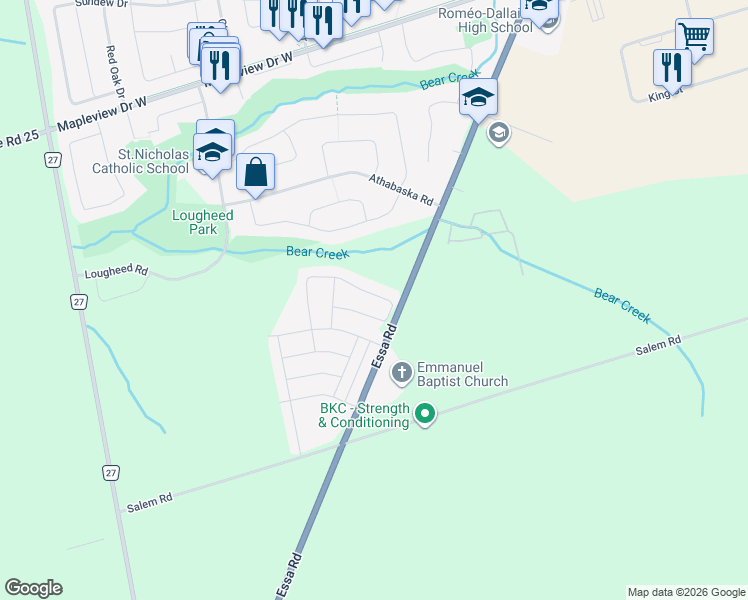 map of restaurants, bars, coffee shops, grocery stores, and more near 122 Franklin Trail in Barrie