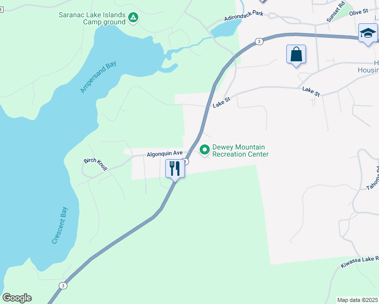 map of restaurants, bars, coffee shops, grocery stores, and more near 26 Algonquin Avenue in Saranac Lake