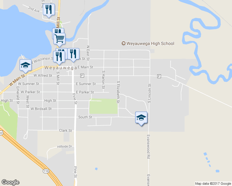 map of restaurants, bars, coffee shops, grocery stores, and more near 307 South Elizabeth Street in Weyauwega