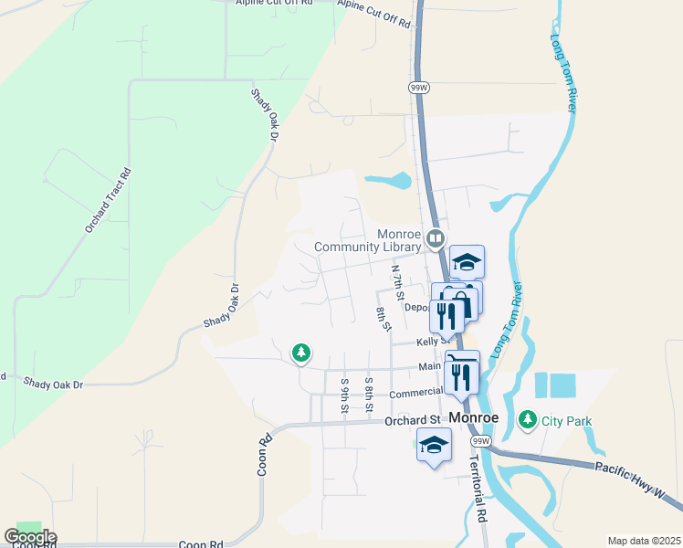 map of restaurants, bars, coffee shops, grocery stores, and more near 930 Ash Street in Monroe