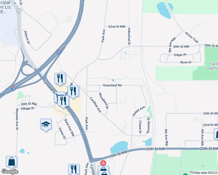 map of restaurants, bars, coffee shops, grocery stores, and more near 2613 Huntington Circle in Faribault