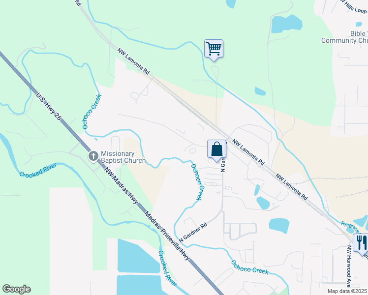 map of restaurants, bars, coffee shops, grocery stores, and more near 1942 Northwest Industrial Park Road in Prineville