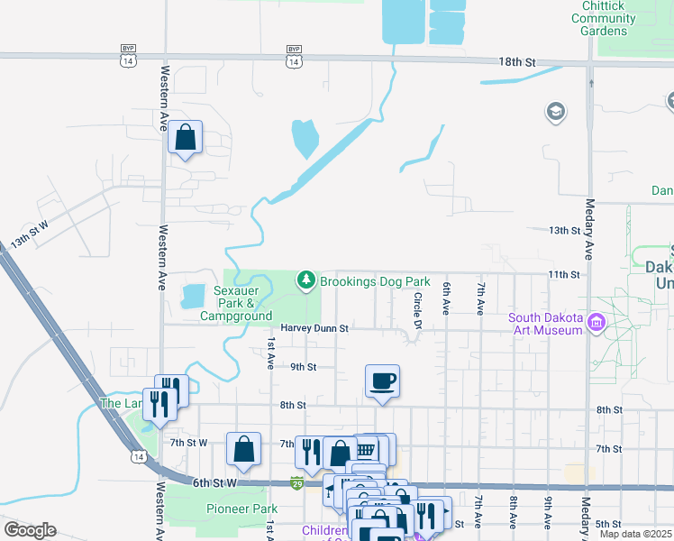 map of restaurants, bars, coffee shops, grocery stores, and more near 300 11th Street in Brookings