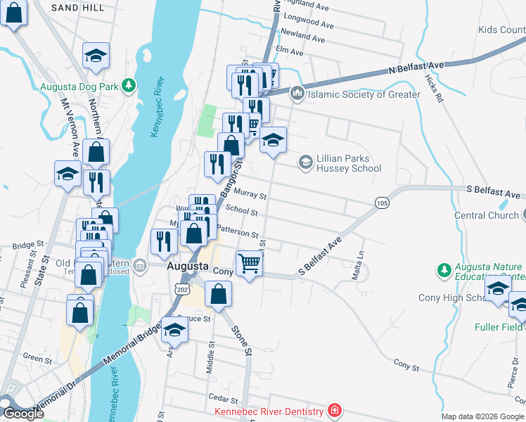map of restaurants, bars, coffee shops, grocery stores, and more near 23 School Street in Augusta