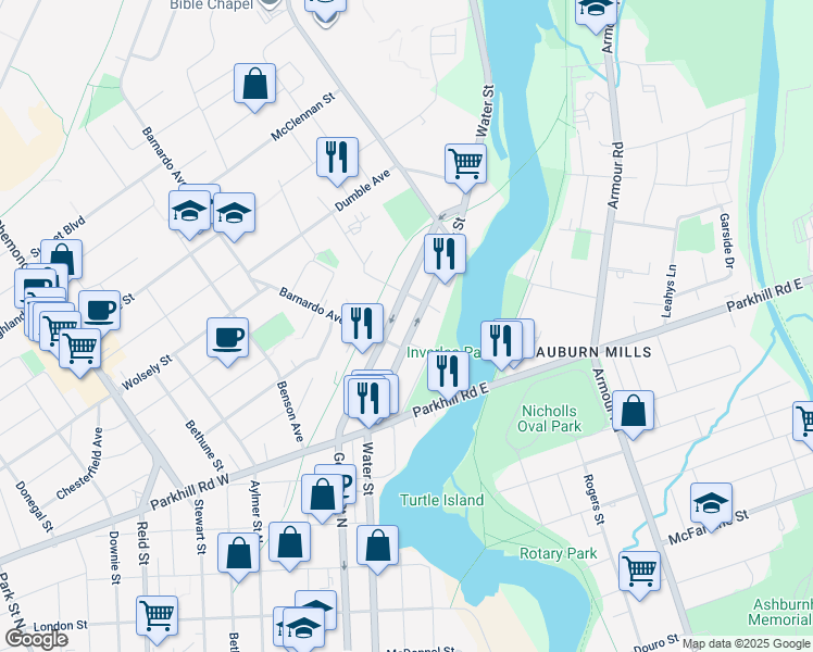 map of restaurants, bars, coffee shops, grocery stores, and more near 801 Water Street in Peterborough
