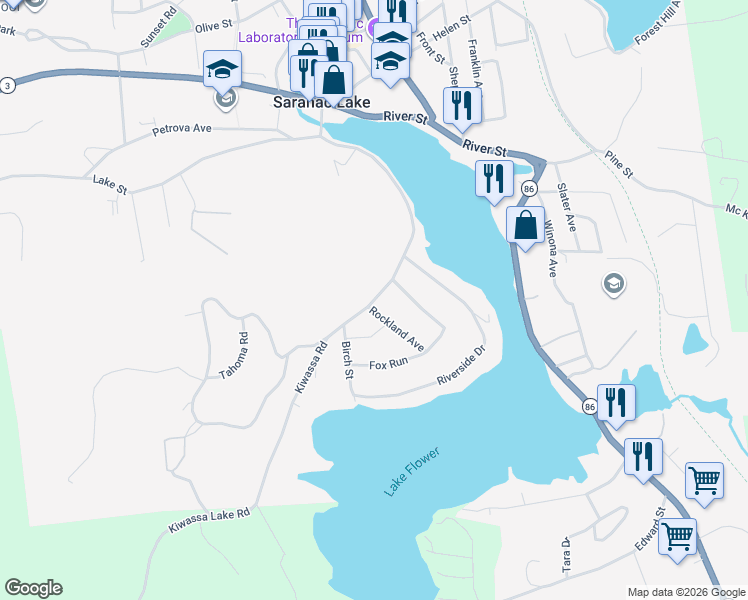 map of restaurants, bars, coffee shops, grocery stores, and more near 11-23 Kiwassa Road in Saranac Lake