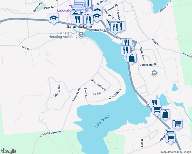 map of restaurants, bars, coffee shops, grocery stores, and more near 24 Maryland Avenue in Saranac Lake