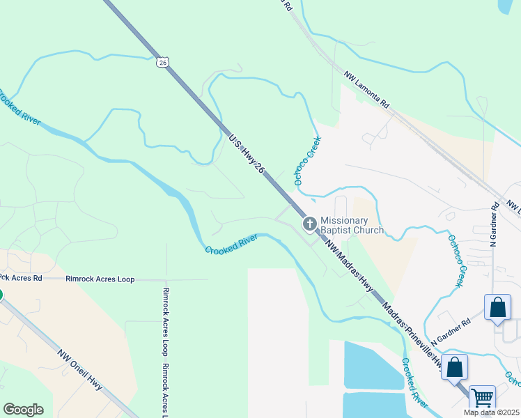 map of restaurants, bars, coffee shops, grocery stores, and more near 2034 Riverland Loop in Prineville