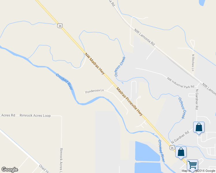 map of restaurants, bars, coffee shops, grocery stores, and more near 2034 Riverland Loop in Prineville
