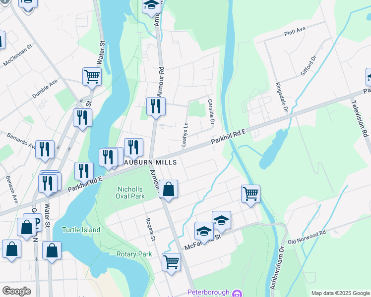 map of restaurants, bars, coffee shops, grocery stores, and more near 280 Parkhill Road East in Peterborough