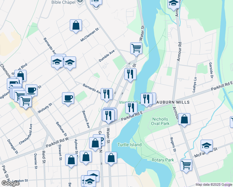 map of restaurants, bars, coffee shops, grocery stores, and more near 806 George Street North in Peterborough