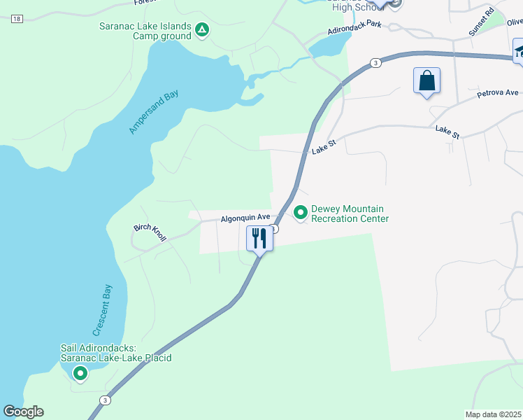 map of restaurants, bars, coffee shops, grocery stores, and more near 26 Algonquin Avenue in Saranac Lake