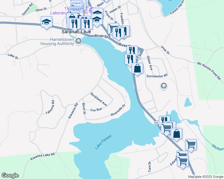 map of restaurants, bars, coffee shops, grocery stores, and more near 49 Riverside Drive in Saranac Lake
