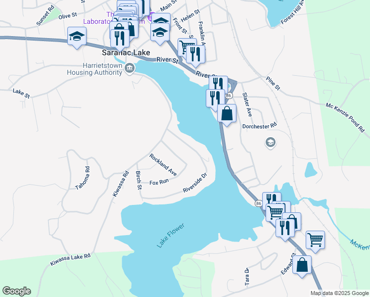 map of restaurants, bars, coffee shops, grocery stores, and more near 49 Riverside Drive in Saranac Lake