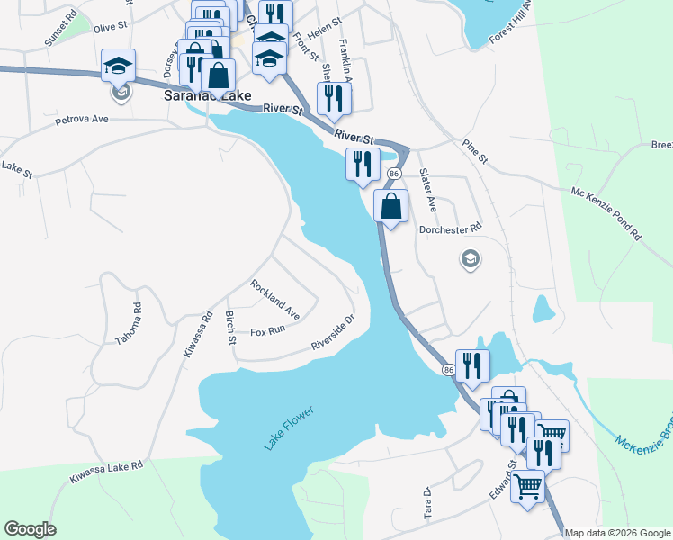 map of restaurants, bars, coffee shops, grocery stores, and more near 63 Riverside Drive in Saranac Lake