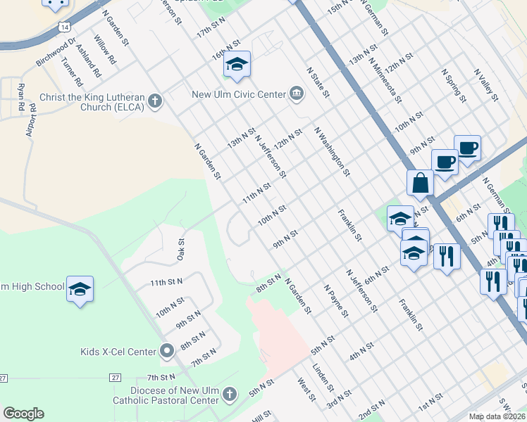 map of restaurants, bars, coffee shops, grocery stores, and more near 1011 N Payne St in New Ulm