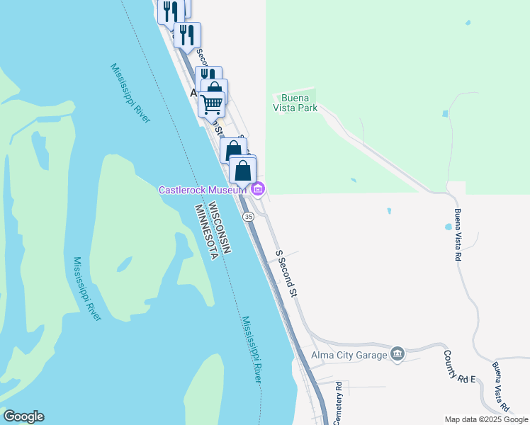 map of restaurants, bars, coffee shops, grocery stores, and more near 107 N 2nd St in Alma
