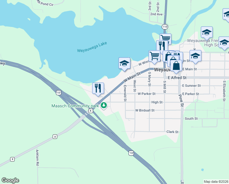 map of restaurants, bars, coffee shops, grocery stores, and more near 417 West Main Street in Weyauwega