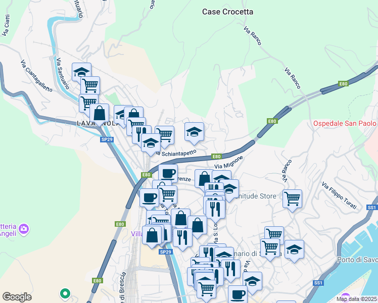 map of restaurants, bars, coffee shops, grocery stores, and more near 27 Via Schiantapetto in Savona