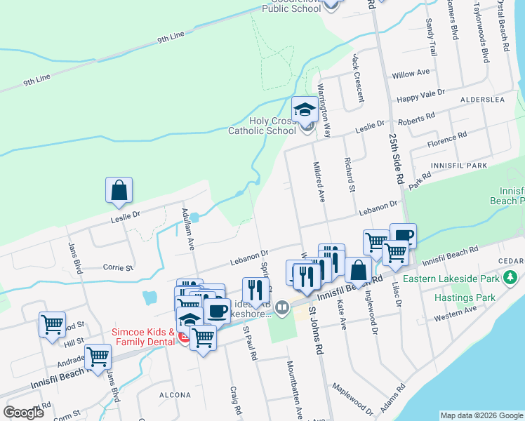 map of restaurants, bars, coffee shops, grocery stores, and more near 2203 Spring Street in Innisfil