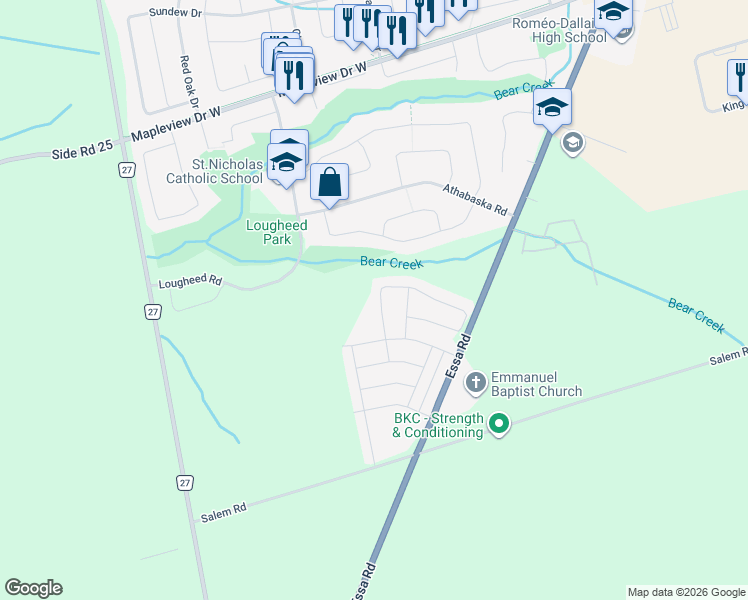 map of restaurants, bars, coffee shops, grocery stores, and more near 27 Franklin Trail in Barrie