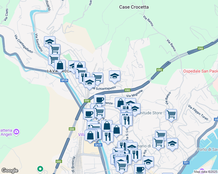 map of restaurants, bars, coffee shops, grocery stores, and more near 27 Via Schiantapetto in Savona