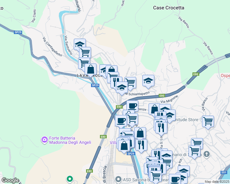 map of restaurants, bars, coffee shops, grocery stores, and more near 3 Via Destefanis in Savona