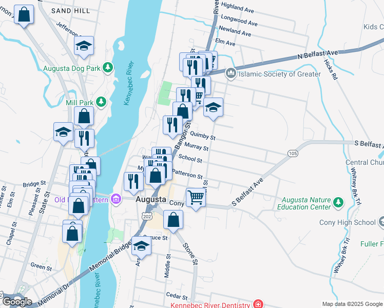 map of restaurants, bars, coffee shops, grocery stores, and more near 2 School Street Place in Augusta