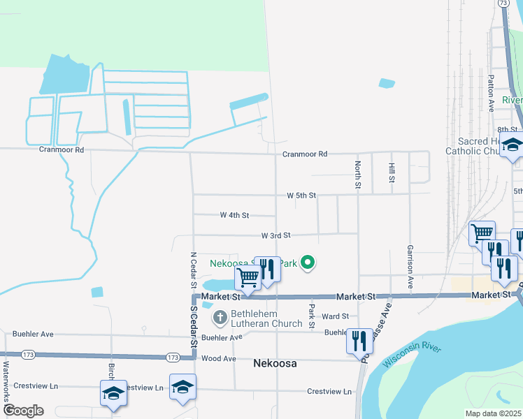 map of restaurants, bars, coffee shops, grocery stores, and more near 1012 W 4th St in Nekoosa
