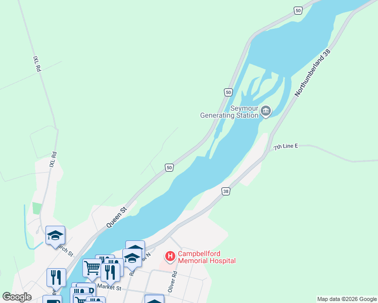 map of restaurants, bars, coffee shops, grocery stores, and more near 6168 County Road 50 in Trent Hills