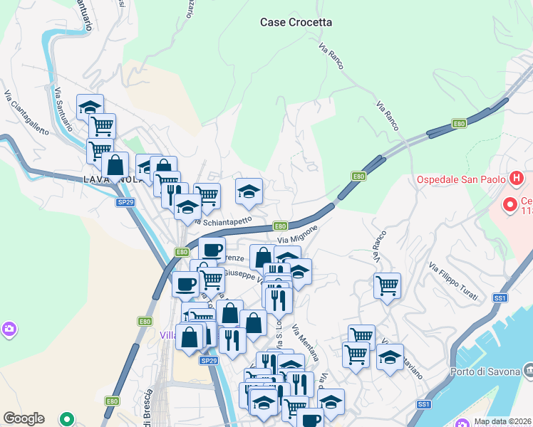 map of restaurants, bars, coffee shops, grocery stores, and more near 20 Via Rusca in Savona