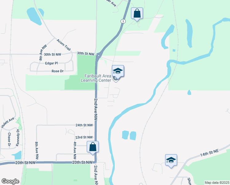 map of restaurants, bars, coffee shops, grocery stores, and more near 2763 1st Avenue Northwest in Faribault