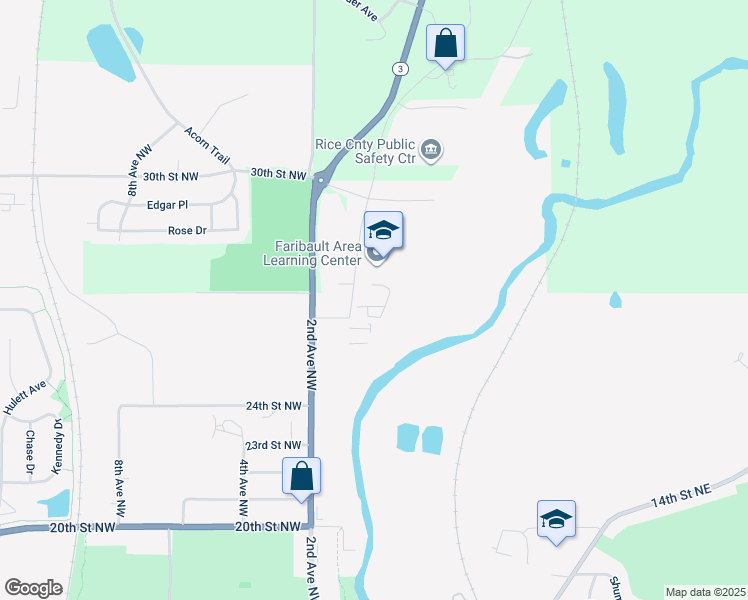 map of restaurants, bars, coffee shops, grocery stores, and more near 2763 1st Avenue Northwest in Faribault
