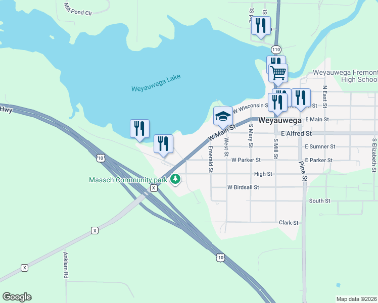 map of restaurants, bars, coffee shops, grocery stores, and more near 417 West Main Street in Weyauwega