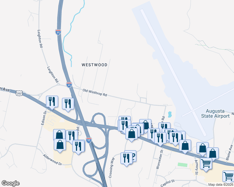 map of restaurants, bars, coffee shops, grocery stores, and more near 90 Old Winthrop Road in Augusta