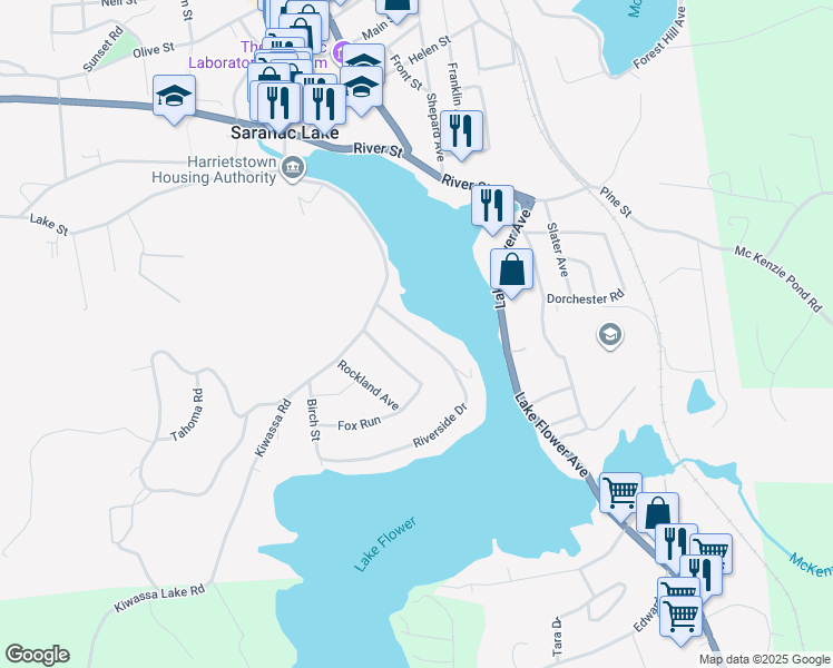 map of restaurants, bars, coffee shops, grocery stores, and more near 37 Riverside Drive in Saranac Lake