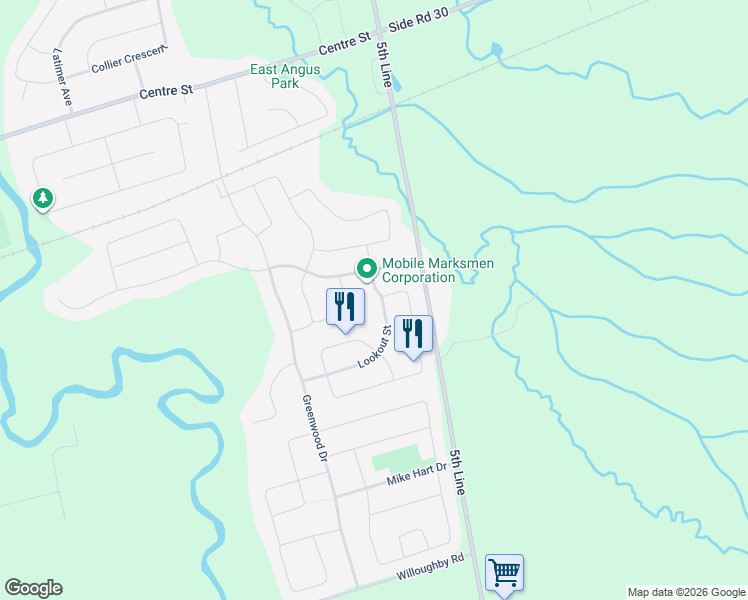 map of restaurants, bars, coffee shops, grocery stores, and more near 31 Lookout Street in Angus
