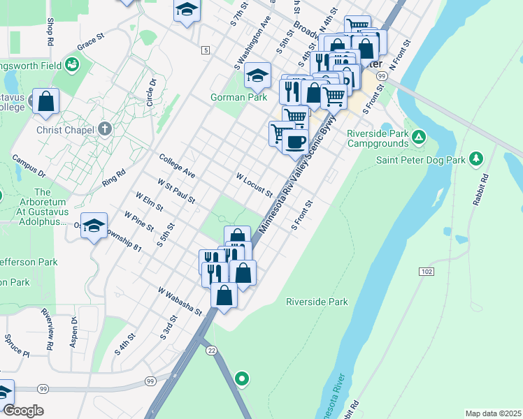 map of restaurants, bars, coffee shops, grocery stores, and more near 903 South Minnesota Avenue in Saint Peter