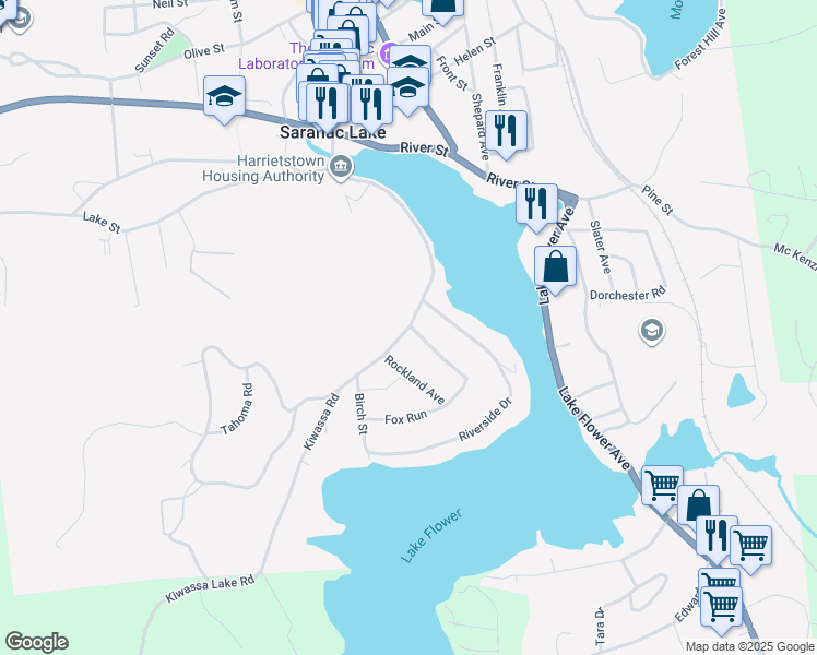 map of restaurants, bars, coffee shops, grocery stores, and more near Kiwassa Road in Saranac Lake