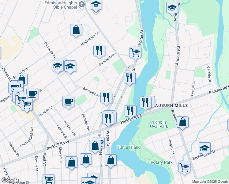 map of restaurants, bars, coffee shops, grocery stores, and more near 815 George Street North in Peterborough