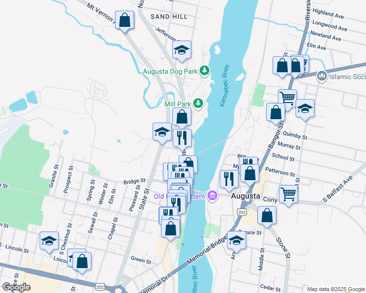 map of restaurants, bars, coffee shops, grocery stores, and more near 74 Water Street in Augusta