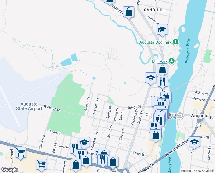 map of restaurants, bars, coffee shops, grocery stores, and more near 17 North Street in Augusta