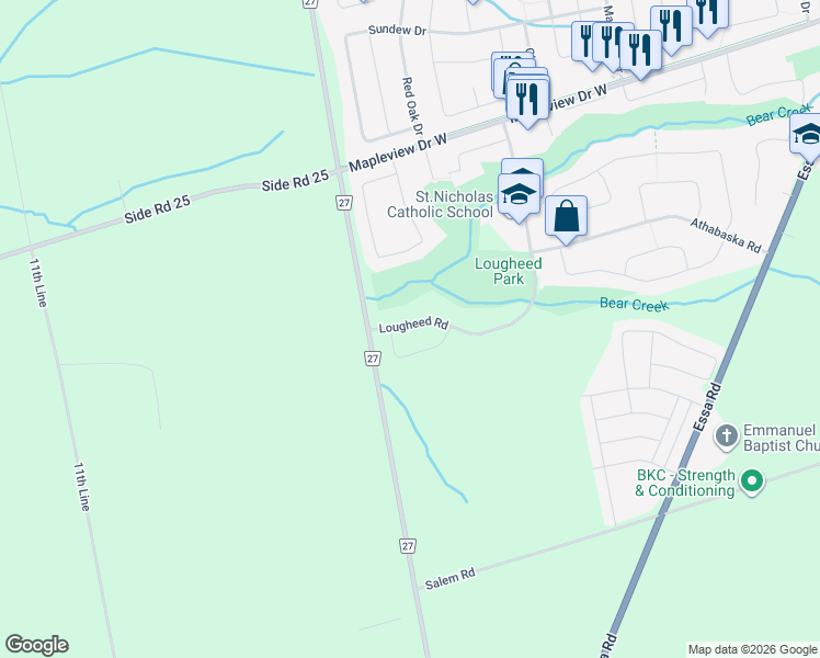 map of restaurants, bars, coffee shops, grocery stores, and more near 24 Selkirk Crescent in Barrie