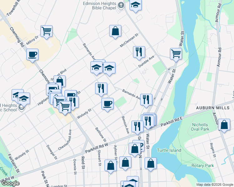 map of restaurants, bars, coffee shops, grocery stores, and more near in Peterborough