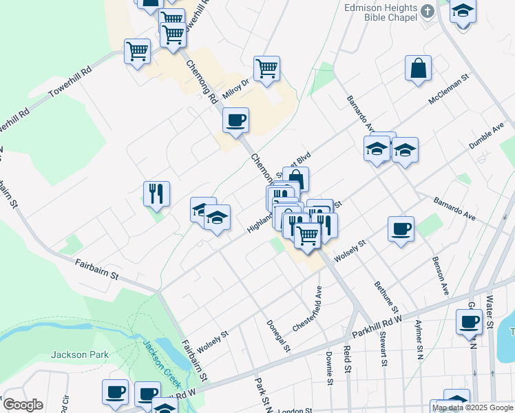 map of restaurants, bars, coffee shops, grocery stores, and more near in Peterborough