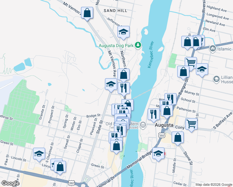 map of restaurants, bars, coffee shops, grocery stores, and more near 74 Water Street in Augusta