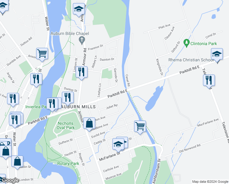 map of restaurants, bars, coffee shops, grocery stores, and more near 312 Parkhill Road East in Peterborough