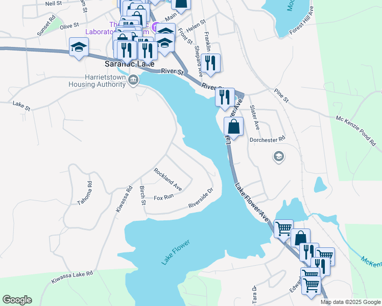 map of restaurants, bars, coffee shops, grocery stores, and more near 37 Riverside Drive in Saranac Lake
