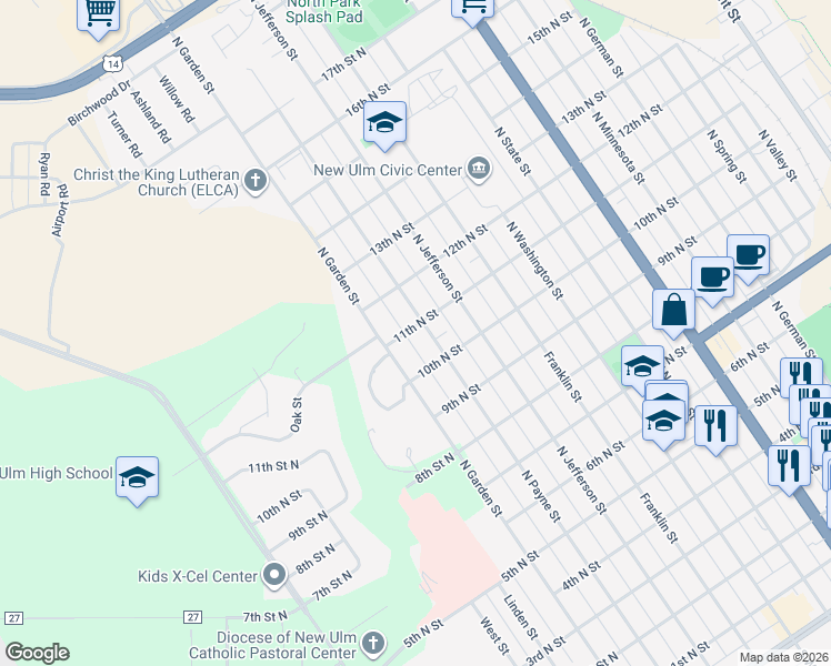 map of restaurants, bars, coffee shops, grocery stores, and more near 1011 North Payne Street in New Ulm